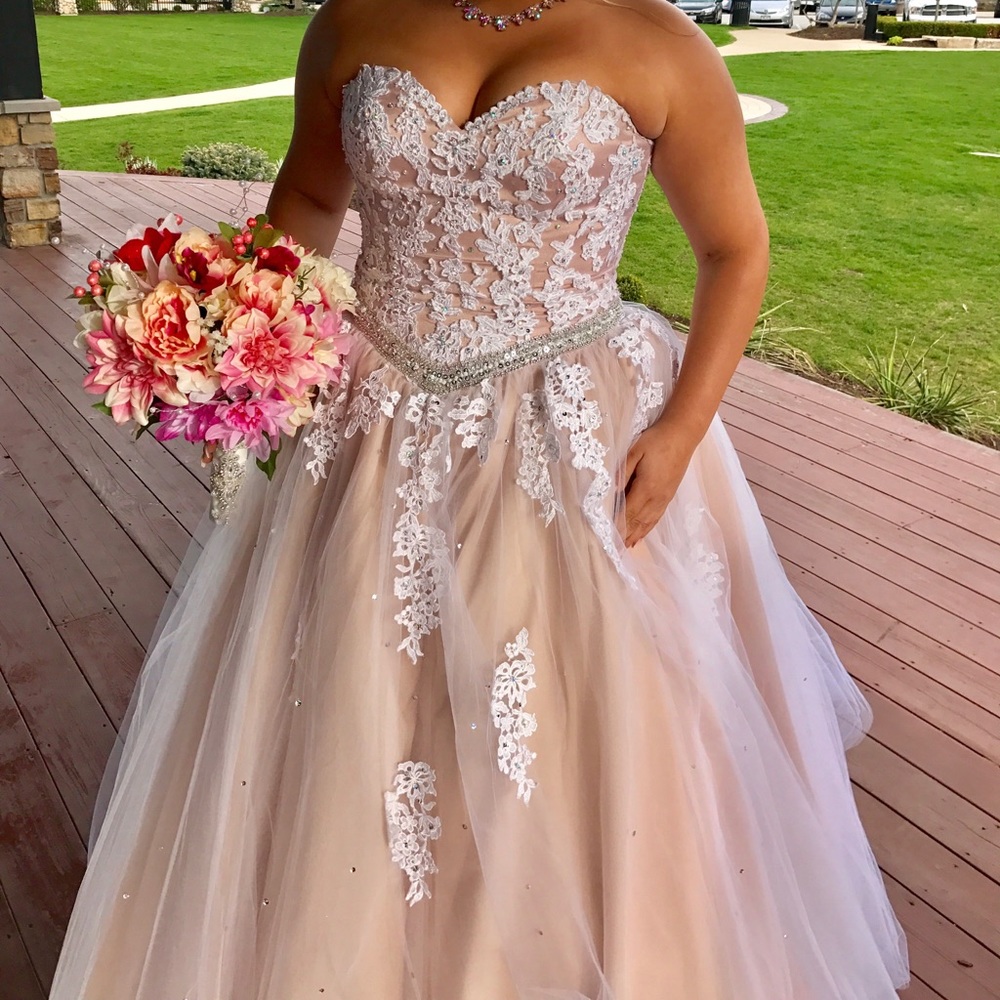 Mori Lee nude white lace rhinestone ball gown